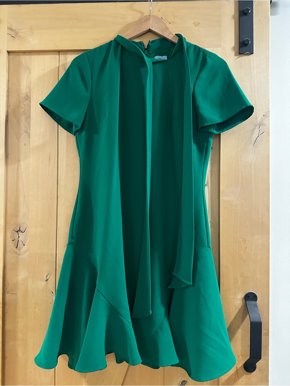 CeCe Emerald Green Short-Sleeve Tie-Neck Flared Mini Dress